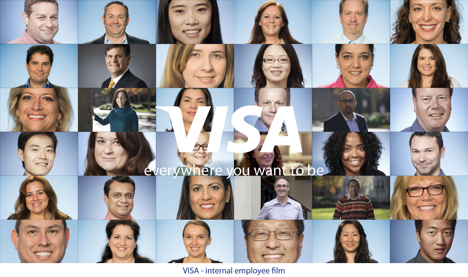 A collage of smiling portraits and a white Visa logo overlaid in the center.