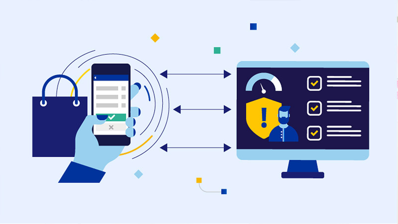 Illustration of arrows between a graphic of a hand holding a phone and laptop with a lock on it, representing the Visa Security Identity Product.